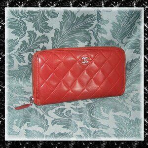 CHANEL Dark Red Lambskin Quilted Leather Wallet